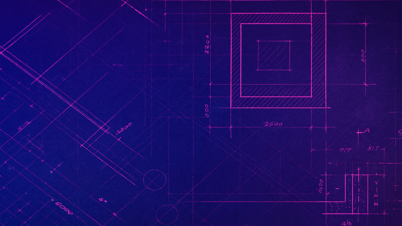 Neon purple and blue architectural blueprint with precise geometric measurements and layered design plans, representing vision, intentional structure, and the detailed planning behind building something that lasts