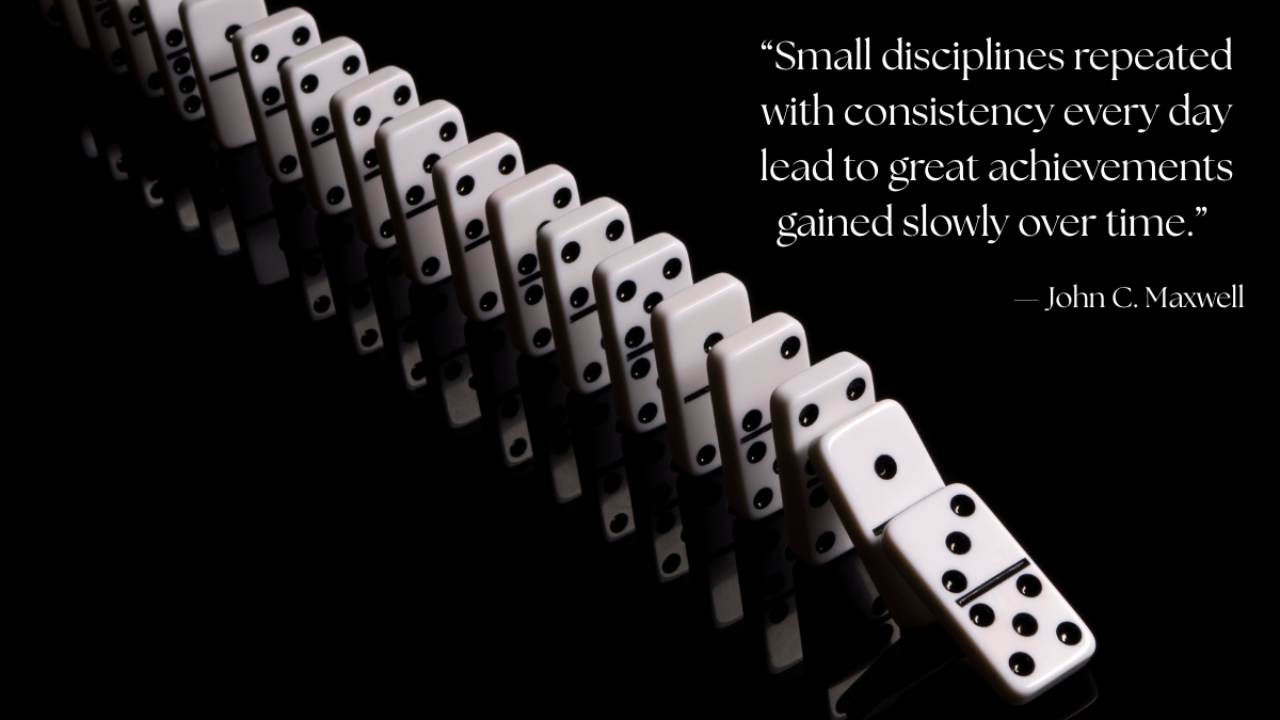 Row of dominoes falling in sequence, symbolizing consistent action and momentum, paired with the quote “Small disciplines repeated with consistency every day lead to great achievements gained slowly over time.” — John C. Maxwell