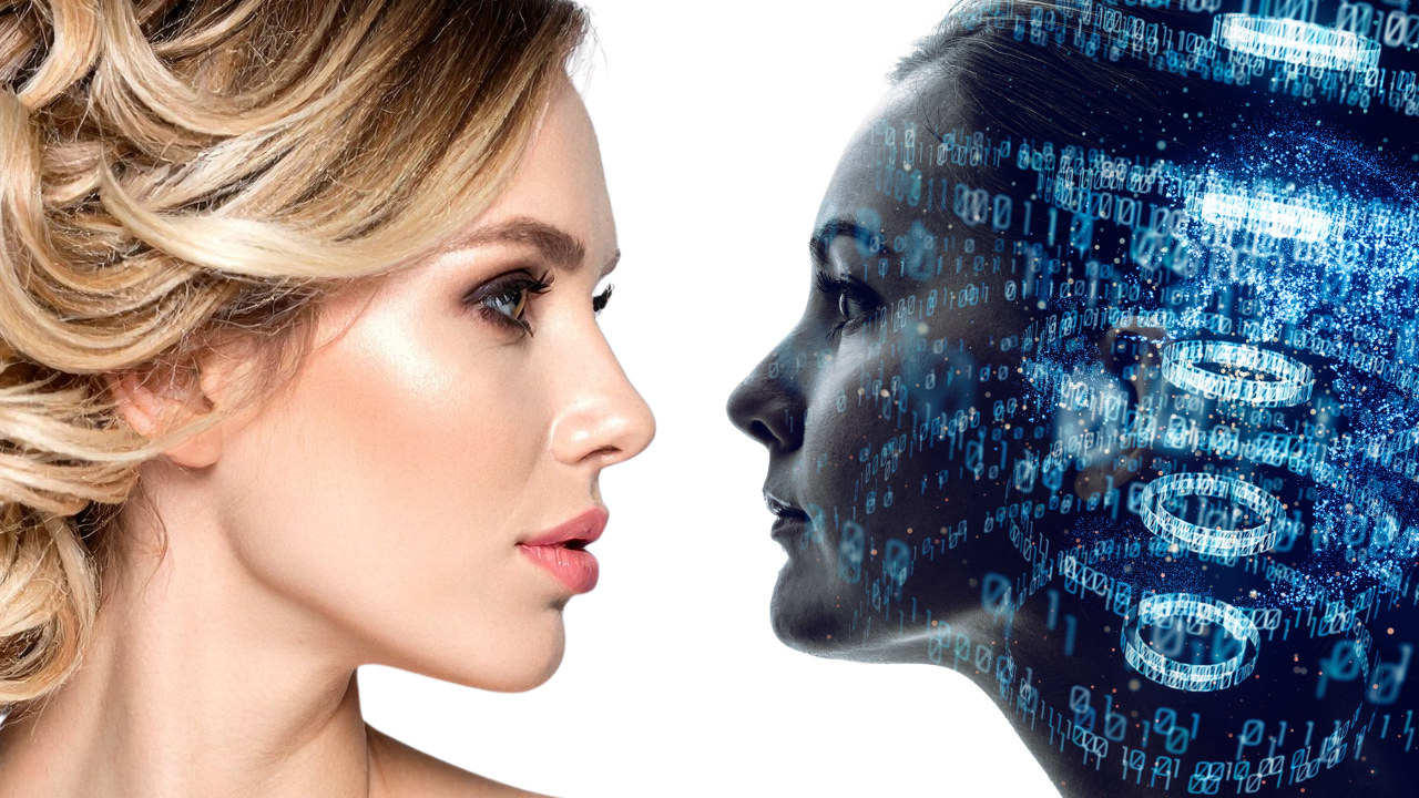 A woman faces her digital reflection composed of binary code and glowing data, symbolizing the conflict between human connection and technology overload. The image represents the mental, emotional, and relational impact of AI acceleration, constant connectivity, and digital burnout, highlighting the need for balance, mindfulness, and healthy boundaries in the age of tech addiction and social media fatigue.