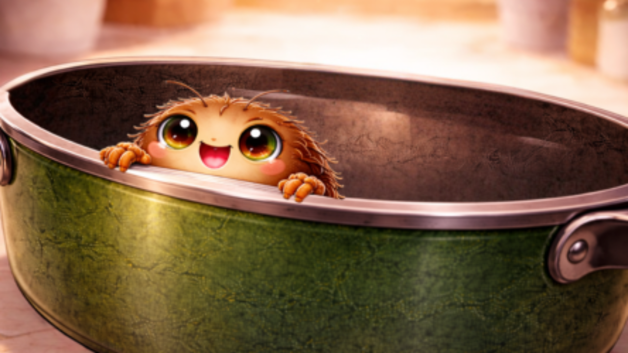 Cute cartoon flea inside a large green enamel pan, peeking over the rim with its tiny hands gripping the edge, symbolizing overcoming invisible limits and rising beyond perceived boundaries.