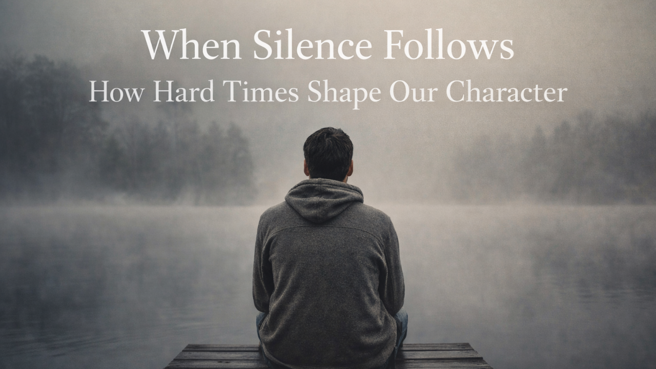 A person sitting alone on a wooden dock, facing a calm fog-covered lake, reflecting quietly in a moment of solitude and contemplation.