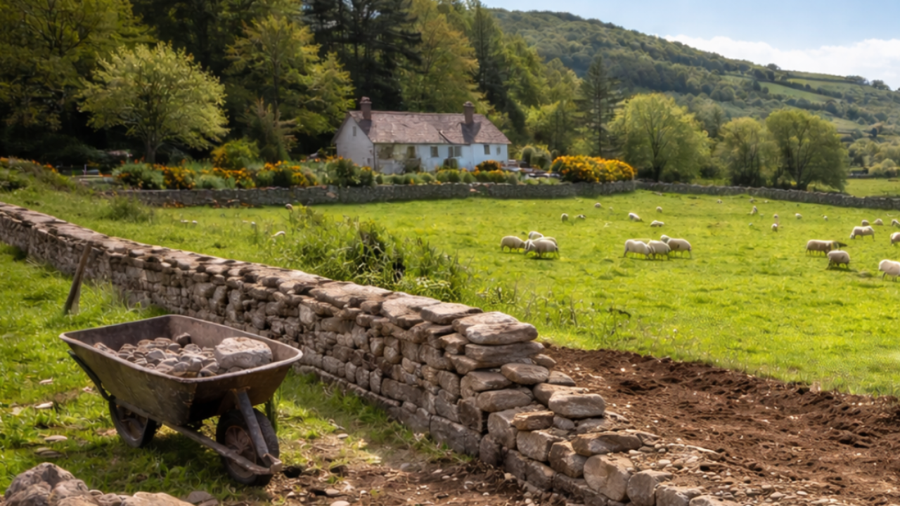 Partially built stone wall on a green Irish farm, with a wheelbarrow of rocks nearby, sheep grazing in the field, and a cottage in the distance, symbolizing steady progress, ongoing work, and building something over time