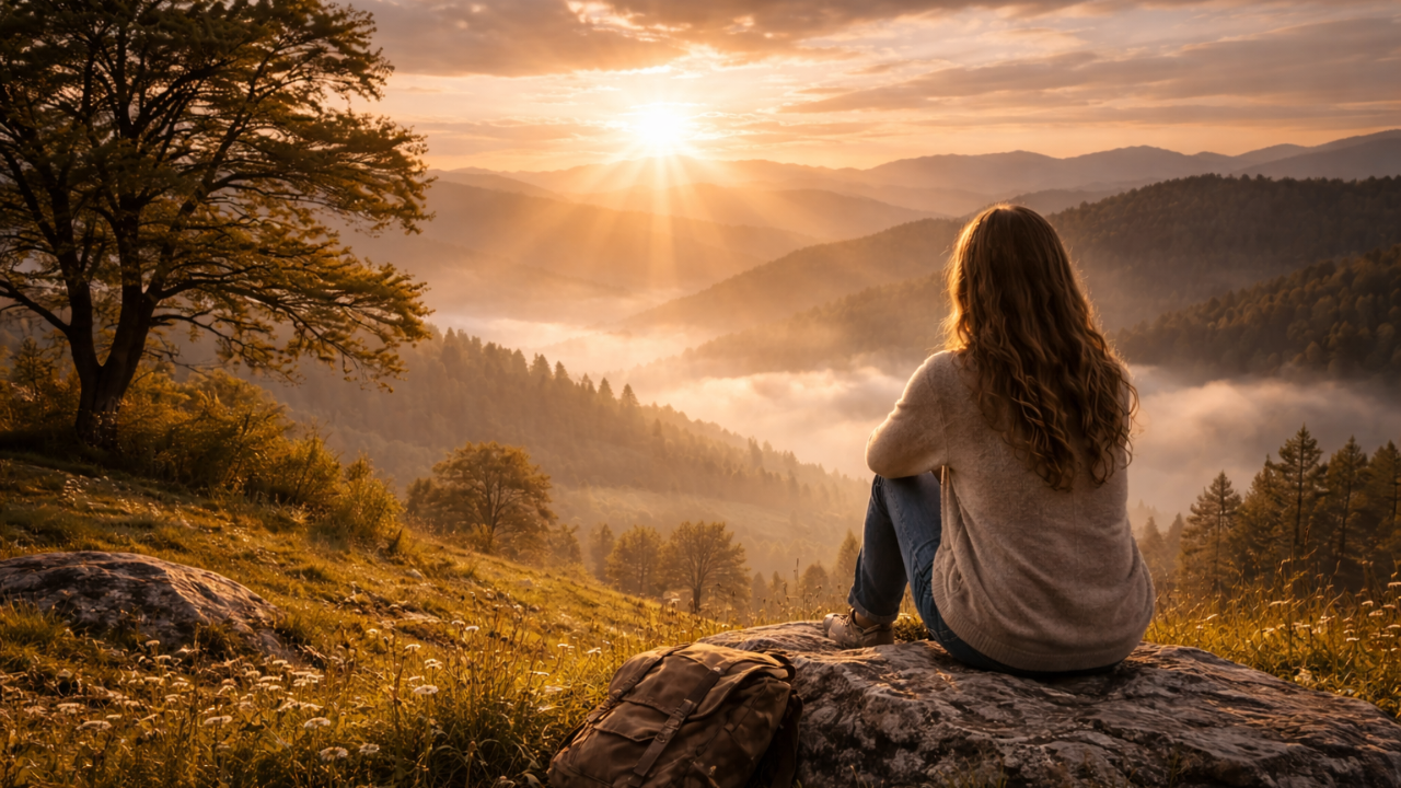 A woman sitting quietly on a rock overlooking a misty mountain valley at sunrise, waiting in stillness as warm light spreads across the landscape.