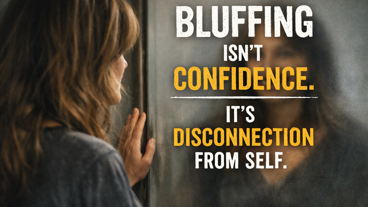 Woman looking in mirror. The words Bluffing Isn't Confidence. It's Disconnection From Self.