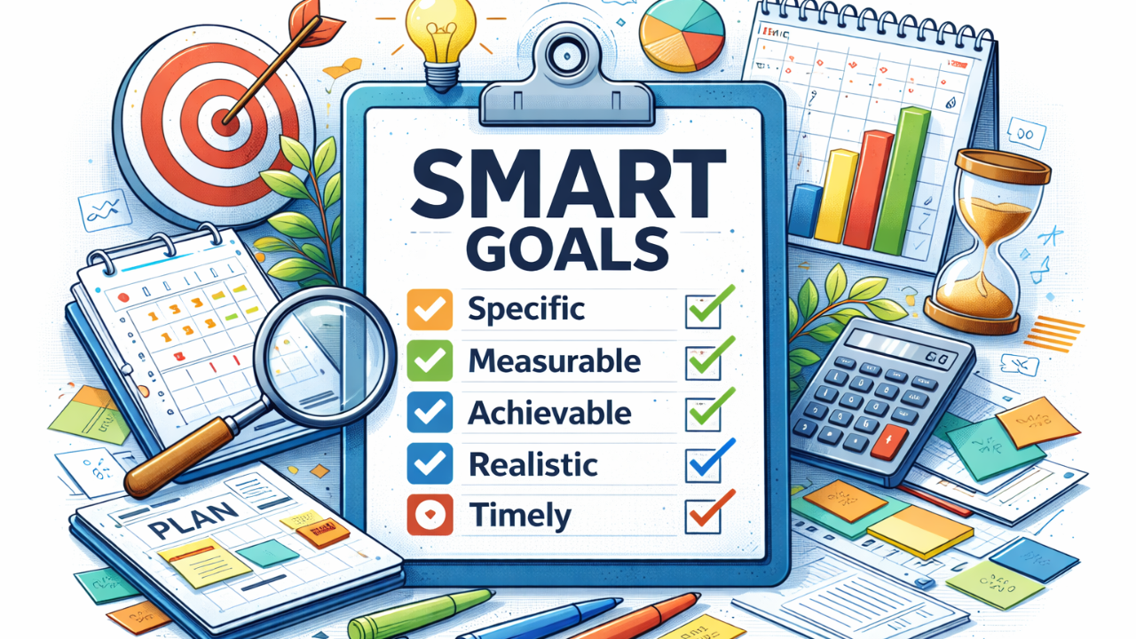 Illustration of a clipboard surrounded by planning tools like a target, calendar, charts, magnifying glass, and checklist, visually representing SMART goals—specific, measurable, achievable, realistic, and timely—through symbols and organization.