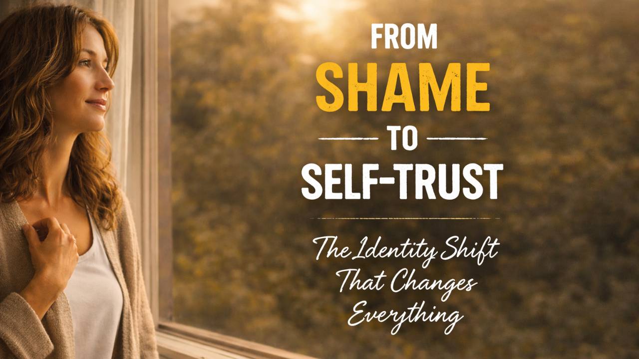 Woman standing by a window in warm sunlight, looking outward thoughtfully, with text reading “From Shame to Self-Trust: The Identity Shift That Changes Everything.”