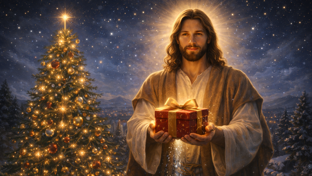 Jesus Christ standing on Christmas Eve beneath a starlit sky, offering a glowing gift with a peaceful expression, symbolizing that Christ Himself is the greatest gift of Christmas.