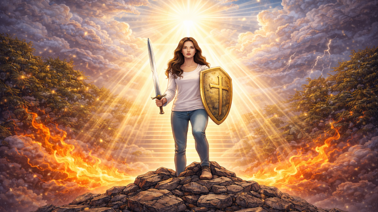 A woman standing confidently on a rocky summit, holding a sword and shield as radiant light shines down from above, symbolizing strength, perseverance, and overcoming adversity.