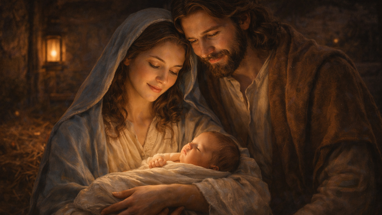 Mary gently holding the baby Jesus while Joseph looks on with quiet devotion in a softly lit nativity scene.