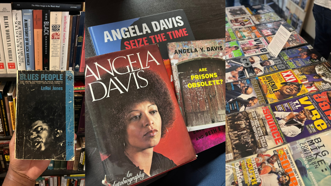 A triptych of photographs documenting items from The Hawkins Archives & Works Collection, owned by Jerry L. Hawkins. Left panel: A hand holds a worn paperback copy of Blues People: The Negro Experience in White America and the Music That Developed from It by LeRoi Jones, in front of a packed bookshelf featuring titles on Black history and culture, including Black Women in America and A History of Black America. Center panel: Three books are fanned out on a dark surface — Angela Davis: Seize the Time, Angela Davis: An Autobiography, and Are Prisons Obsolete? by Angela Y. Davis and Beth E. Richie. Right panel: A flat lay of vintage hip-hop and culture magazines, including multiple issues of The Source and Vibe, displayed on a table.