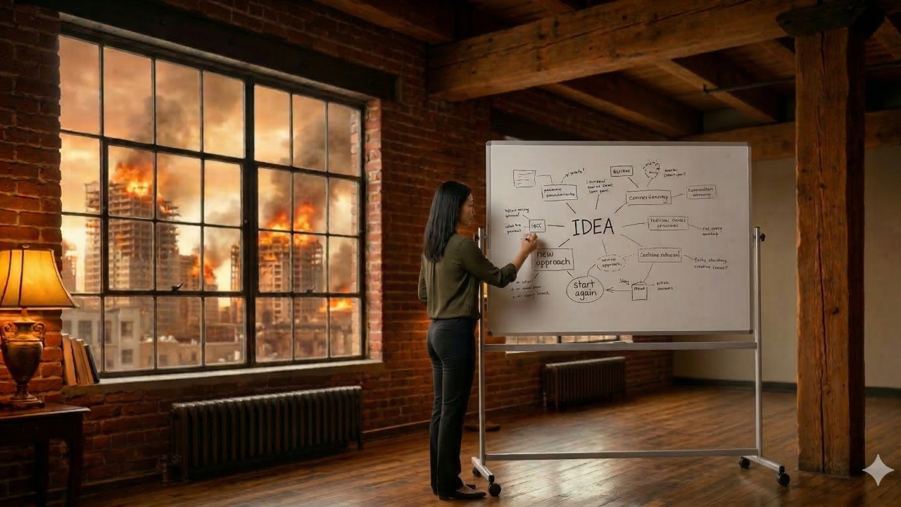 An Asian woman in a green shirt and dark trousers is standing at a large, mobile whiteboard in an old, renovated industrial loft office, creating a complex mind map with a black marker. She is focused, adding lines and text to the central concept of "IDEA." The whiteboard is densely covered with branches and hand-written concepts. The main branches radiating from the center are "NEW APPROACH," "START AGAIN," "CONCEPTUALIZING," and "PROBLEM SOLVING." Other visible text points include "Feedback loop," "Market feedback," "Connectedness," and small doodles. She is about to write a new detail under "Start again." The office has exposed reddish-brown brick walls, dark wood floors, heavy timber columns and beams, a large cast-iron radiator, and a classic-style lamp on a side table to the left. To her left, a huge, multi-pane window reveals a catastrophic scene: multiple high-rise buildings in a city are engulfed in fierce fires, with massive plumes of smoke and flames rising into a dramatic, smoke-choked orange-yellow sky. The image captures a striking contrast between calm, focused creative thought and external chaos.