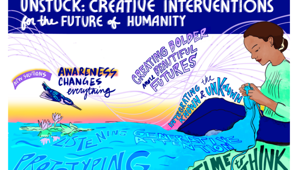 Illustration for the webinar Unstuck: Creative Interventions for the Future of Humanity. A woman sits cross-legged, knitting blue fabric that flows into water inscribed with words like “LISTENING,” “GENERATIVE ATTENTION,” “PROTOTYPING,” and “TIME TO THINK.” Above her, phrases such as “AWARENESS CHANGES EVERYTHING,” “CREATING BOLDER, MORE BEAUTIFUL FUTURES,” and “INTEGRATING THE KNOWN & UNKNOWN” appear, alongside a kingfisher bird and water lilies, symbolizing creativity, awareness, and new possibilities.