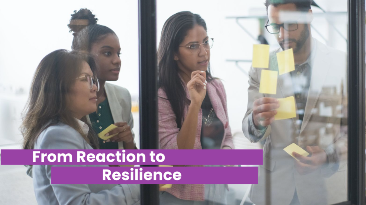 A diverse group of four professionals collaborates around a glass wall covered with yellow sticky notes, engaged in strategic planning. A purple banner across the bottom reads, "From Reaction to Resilience."