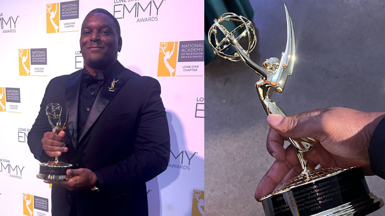 Jerry L. Hawkins, M.Ed. stands smiling in a black suit while holding his Lone Star Emmy Award at the ceremony backdrop. Next to him is a close up photo of his hand holding the Emmy statuette, showing the engraved plaque recognizing the documentary Recovering the Stories: Exploring History and Resilience in Dallas Communities.