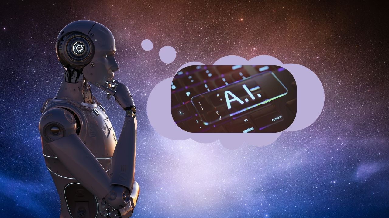 human-looking robot with ai in a thought bubble