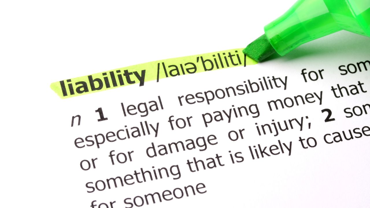 dictionary definition of liability on page with green highlighting on word