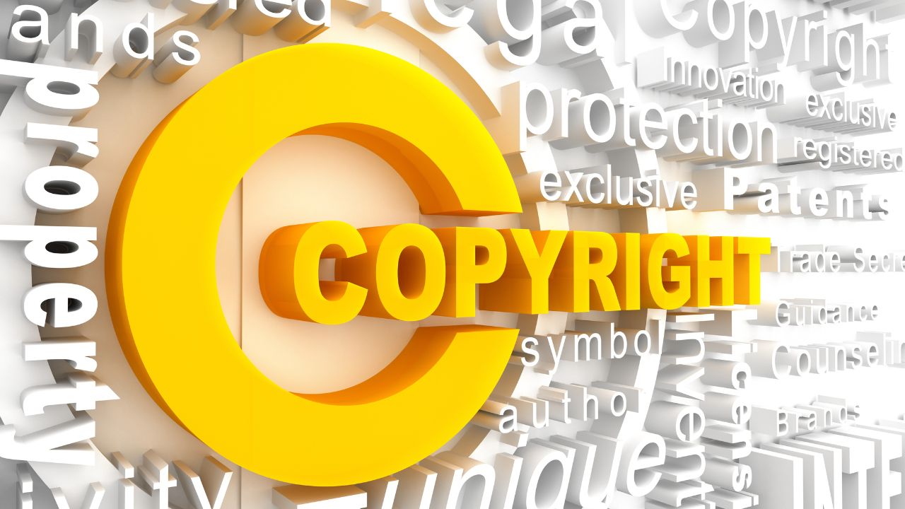 copyright word cloud around a bright yellow letter c