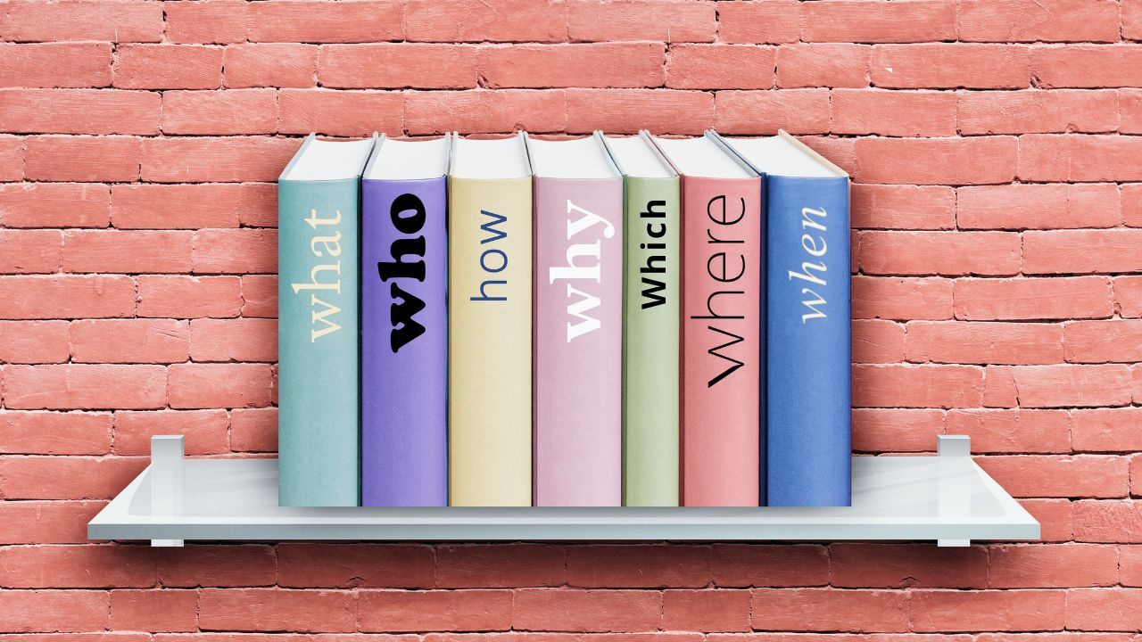 books on shelf mounted on pink brick wall with words who what where when why which and how on book spines