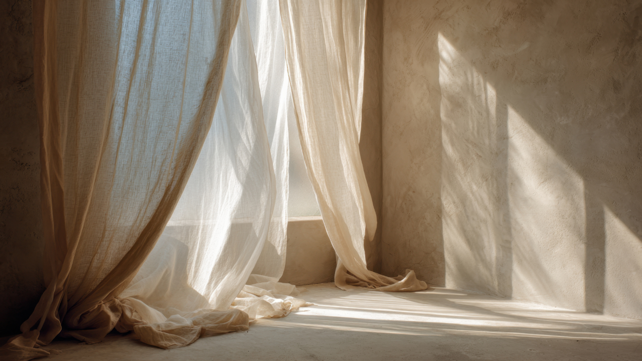 Wapperende gordijnen in zacht licht, een rustige en serene sfeer.