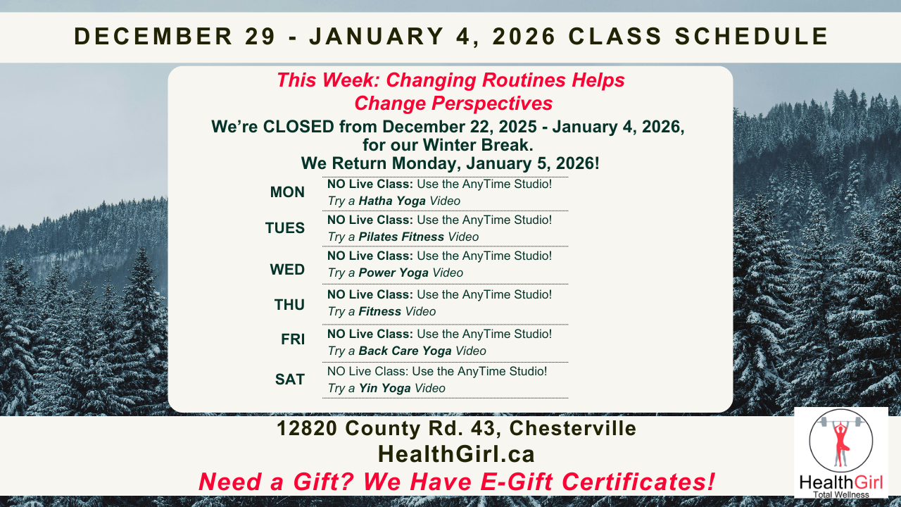 health girl class schedule december 29 to January 4 2026 at healthgirl.ca