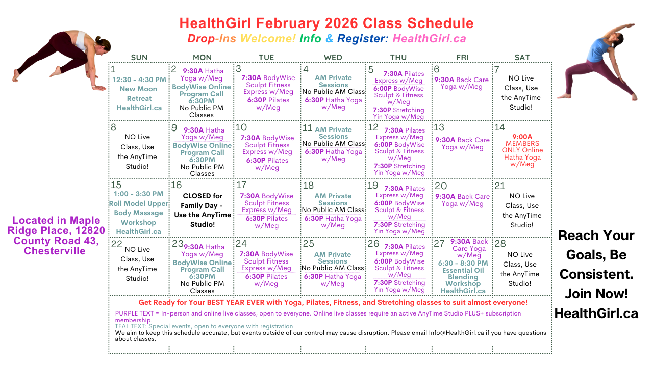 february 2026 class schedule at healthgirl studio healthgirl.ca yoga fitness pilates workshop retreat and events