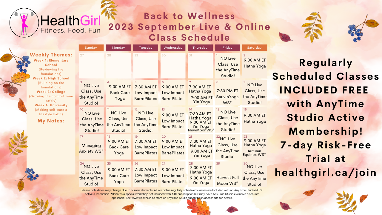 HealthGirl live online class schedule for September 2023