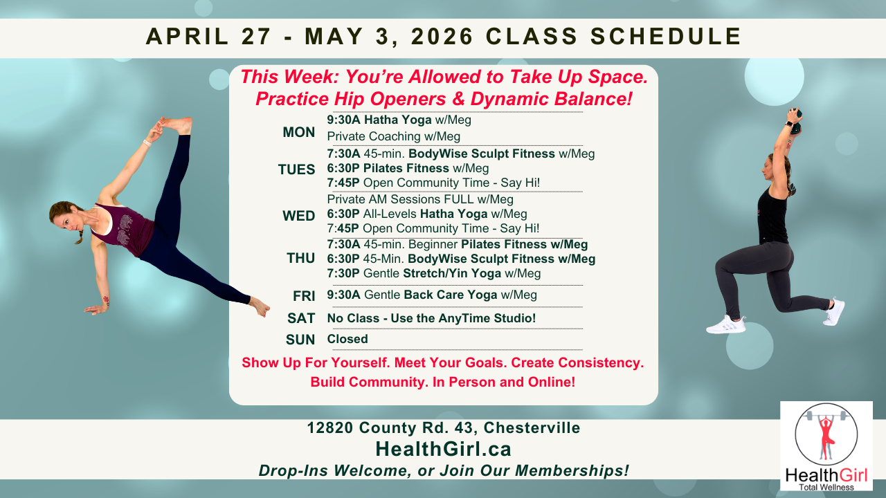 healthgirl class schedule april 27 to may 3 2026 yoga fitness pilates beginner accessible exercise and workshops