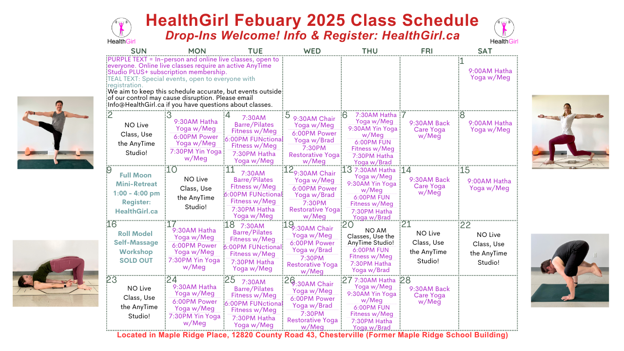 healthgirl February 2025 class schedule yoga fitness workshop retreat north dundas chesterville and winchester ontario join now!
