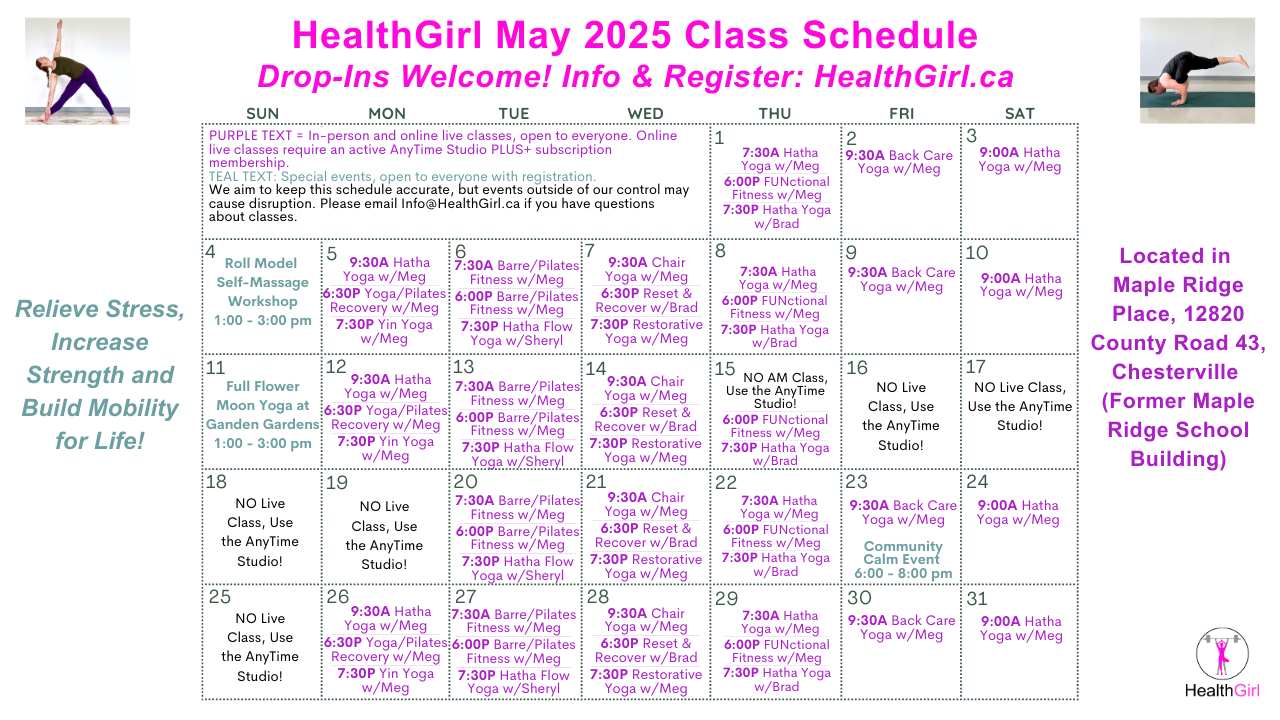 May 2025 class schedule at HealthGirl with yoga, fitness and more at HealthGirl.ca