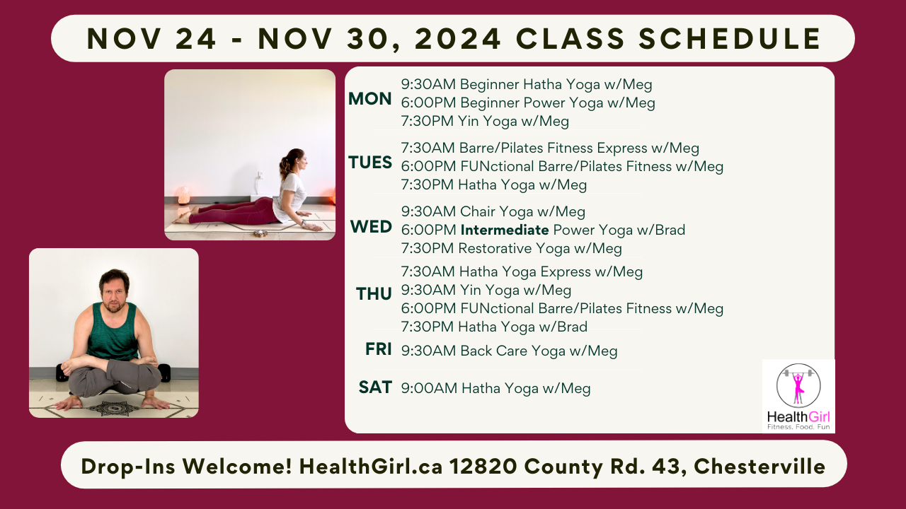 class schedule November 24 - 30, 2024 healthgirl canada yoga class fitness classes chesterville, north dundas, ontario