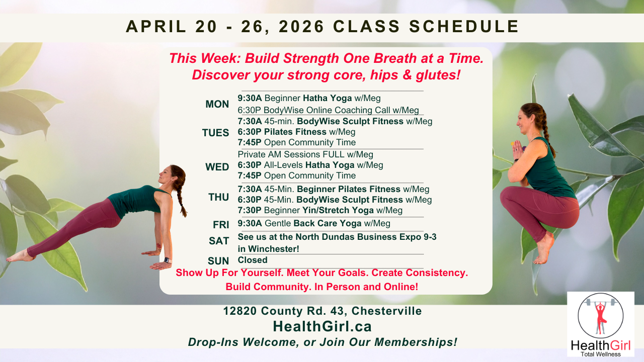 class schedule april 20 to 26 2026 at healthgirl yoga fitness class workshop north dundas business expo essential oil