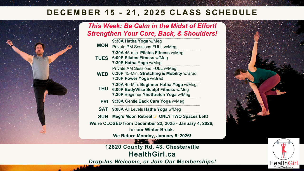 december 15 to 21 2025 class schedule at health girl yoga fitness pilates classes at healthgirl.ca