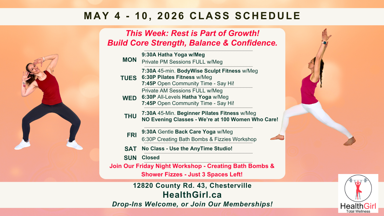 class schedule may 4 to 10 2026 healthgirl yoga fitness pilates essential oil bath bomb workshop