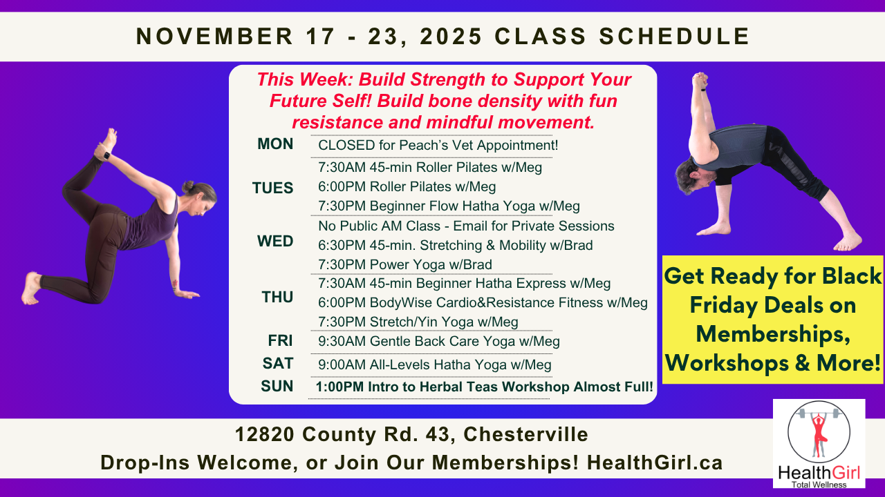 class schedule november 17 - 23, 2025 at healthgirl.ca yoga fitness mindfulness