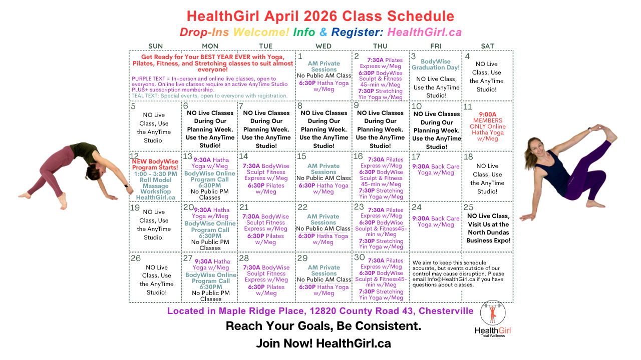 april 2026 class studio schedule healthgirl yoga fitness pilates massage workshop