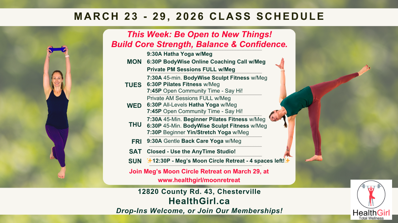 healthgirl class schedule march 23 to 29, 2026 yoga fitness pilates community wellness full moon retreat