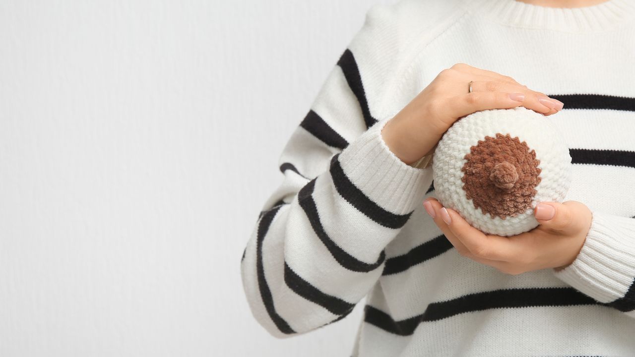 Crocheted breast anatomy model held in hands, representing how milk supply and breast physiology work