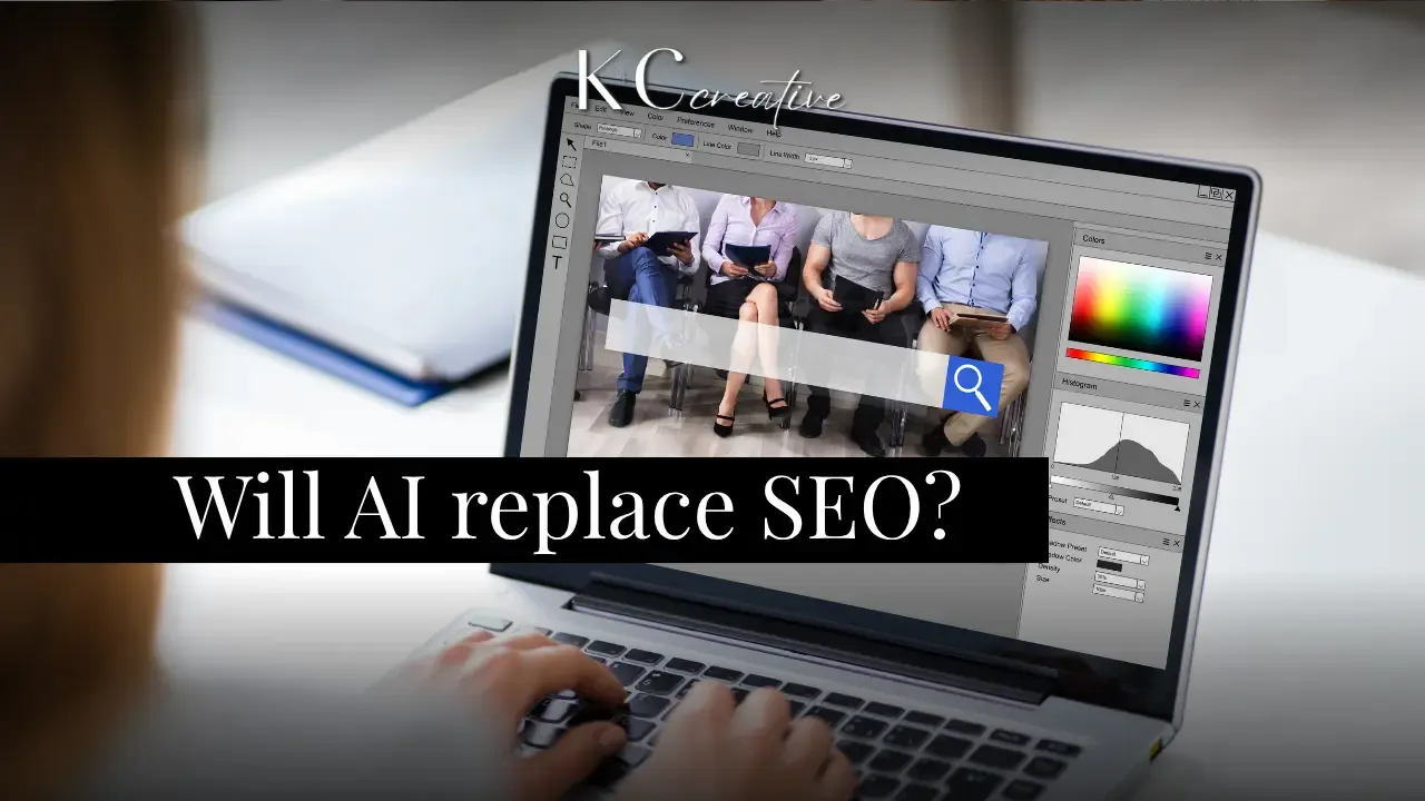 Woman typing on laptop with search bar graphic on screen and text overlay reading Will AI Replace SEO by K+C creative