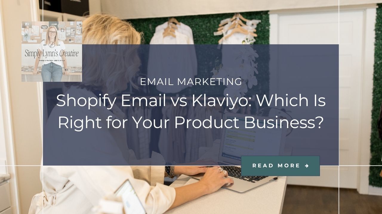 Woman typing on laptop keyboard behind text, "Shopify Email vs Klaviyo: Which is right for your product business?
