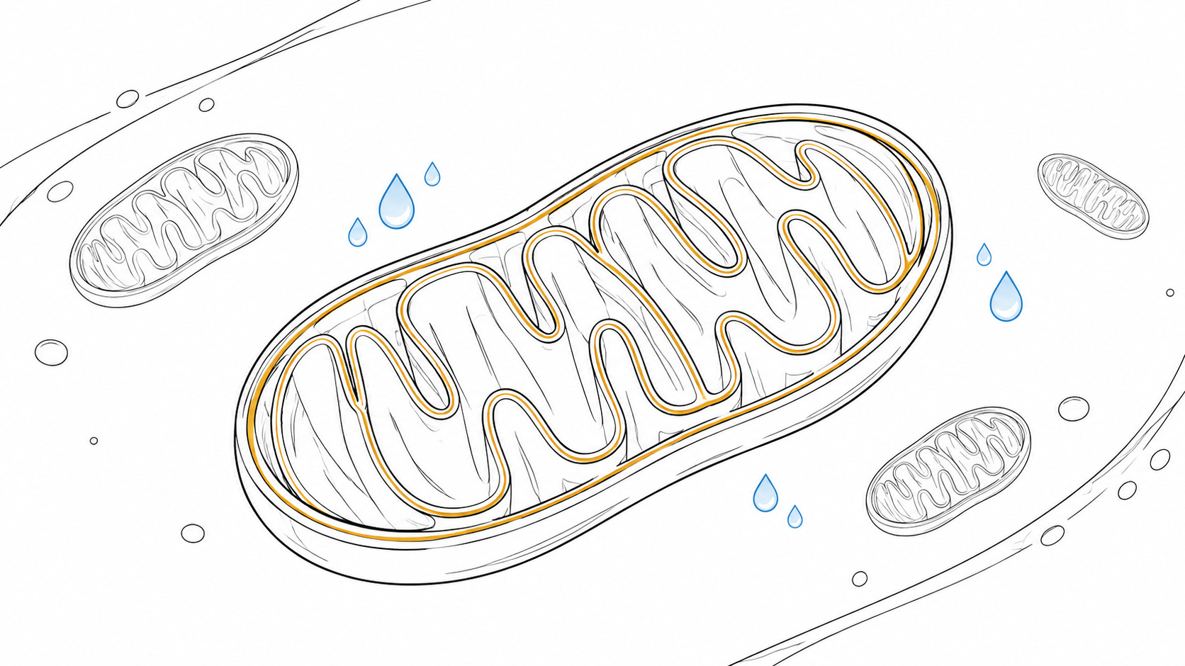 Line illustration of a mitochondrion with its folded inner membrane highlighted in gold, smaller mitochondria nearby, and blue water droplets around it