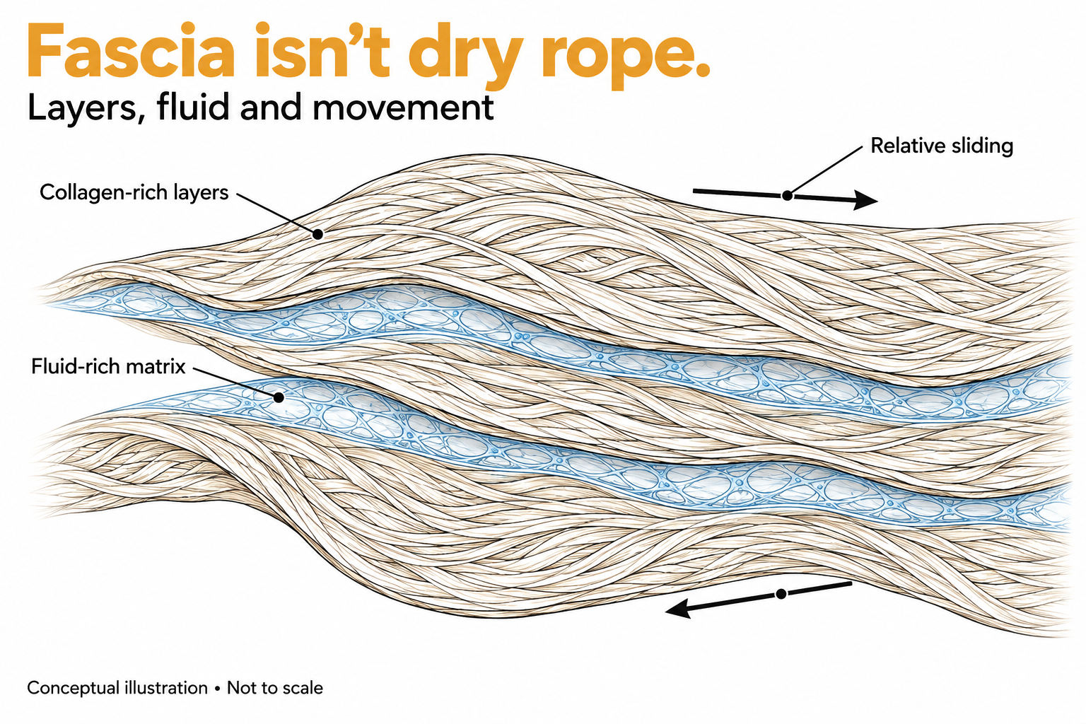 Illustration titled 'Fascia isn't dry rope: layers, fluid and movement.' Wavy bands of collagen-rich fascia are separated by thin blue layers of fluid-rich matrix, with arrows showing the layers sliding in opposite directions.