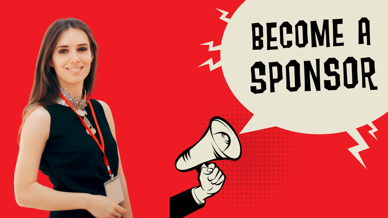 red background with a cloud callout that reads "become a sponsor".  There is also an image for a female in a black dress wearing a red lanyard