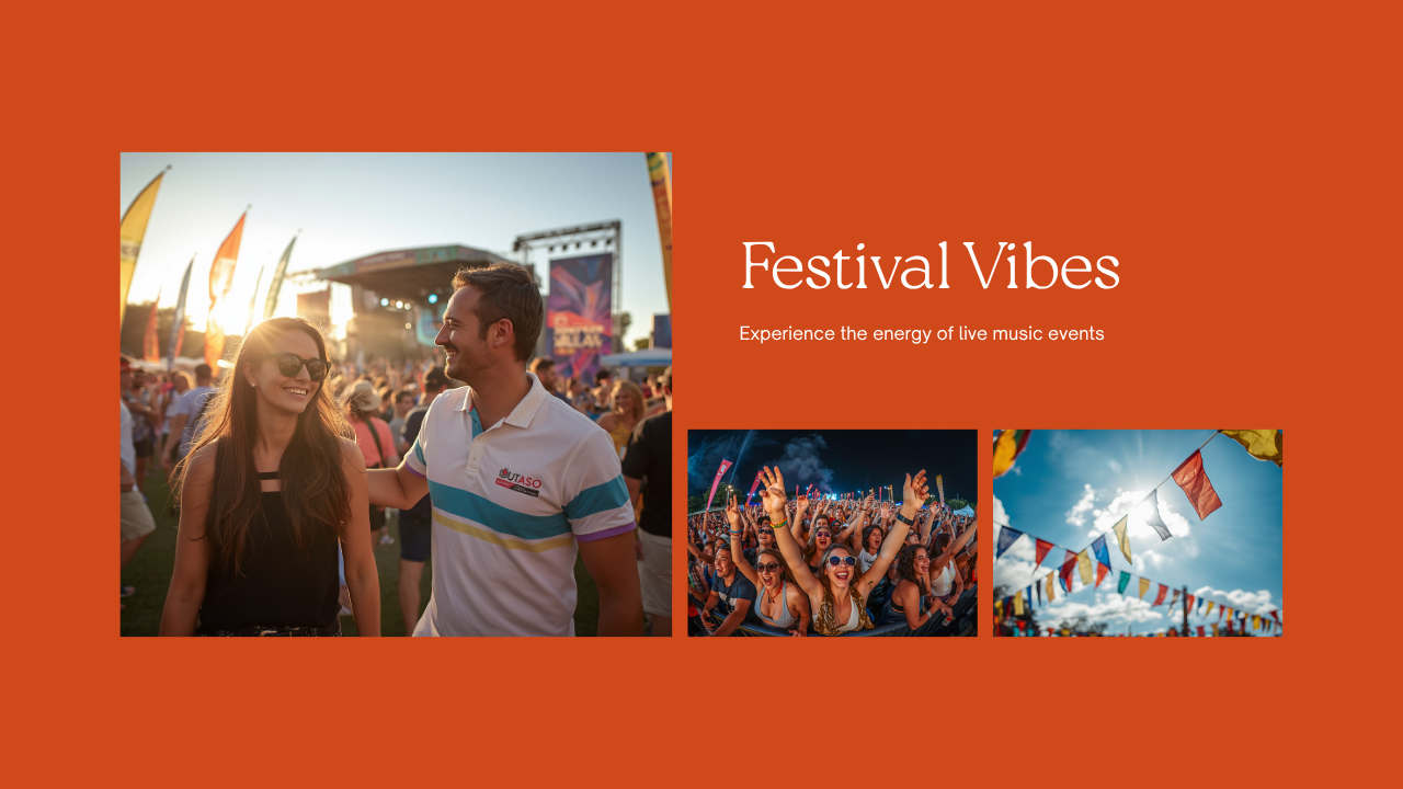 A woman and man in casual event staff attire laughing together at an outdoor festival, with colourful sponsor banners and a lively crowd visible in the background.