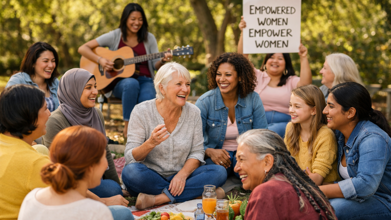 a group of women casually sitting in an outdoor environment smiling and chatting. One woman at the back is holding a sign that reads empowered women empower women.