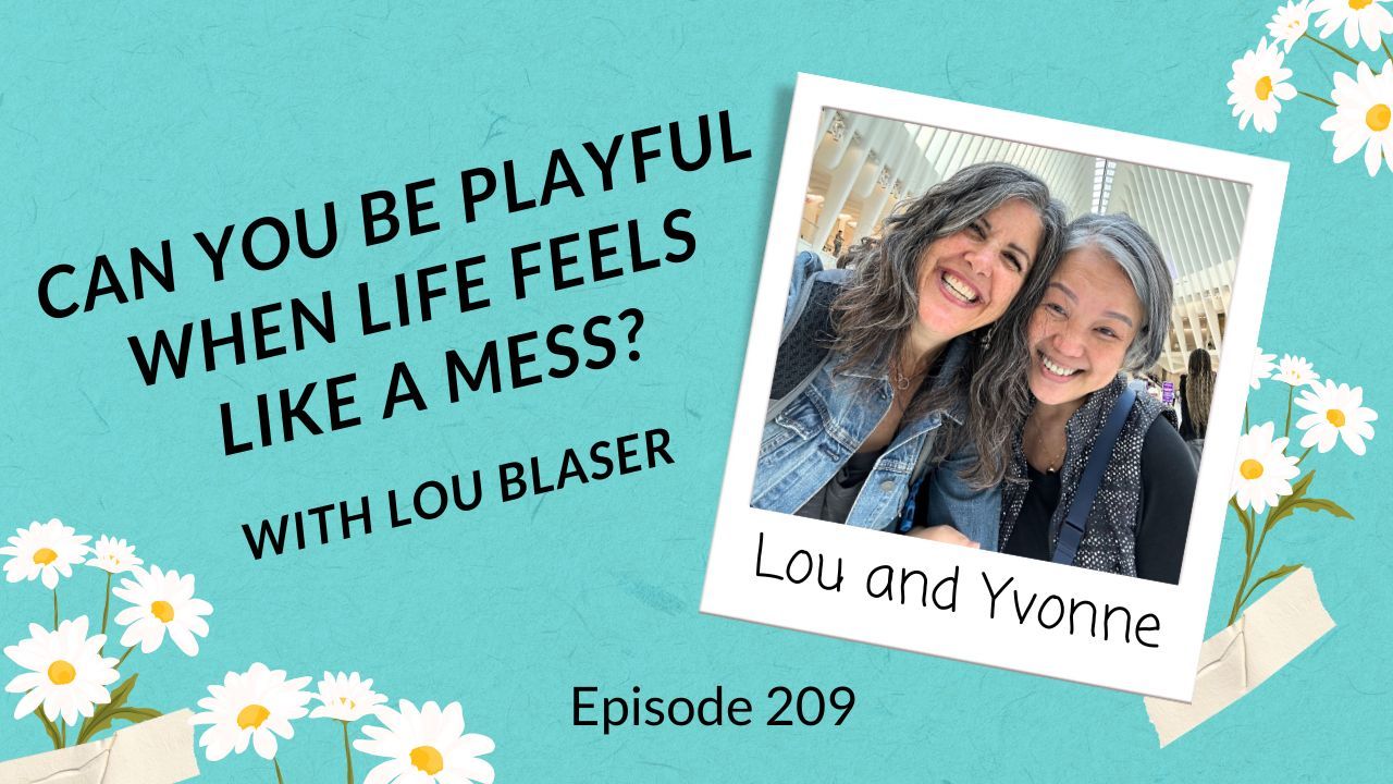 Polaroid style photo of Lou Blaser and Yvonne Marchese lying on a turquoise background with daisies with the title,