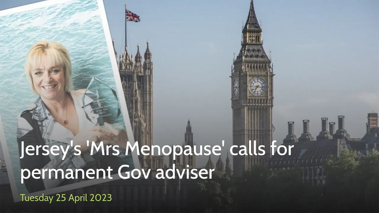 Trudi Roscouet from Vitality 40 Plus in front of the House of Commons, with the title text: Jersey's 'Mrs Menopause' calls for permanent Gov adviser