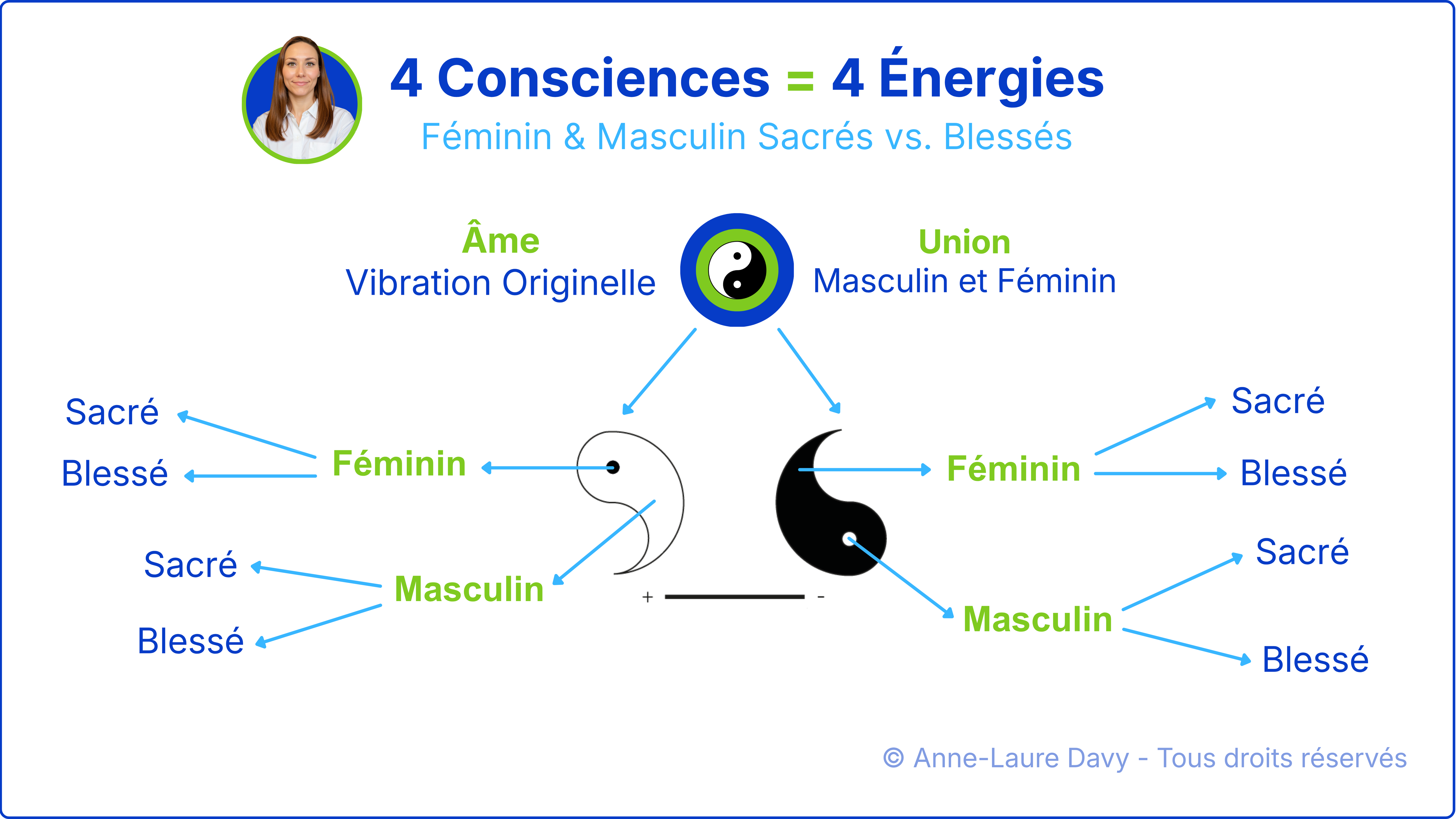 Schéma explicatif de la division du féminin et masculin depuis la vibration originelle de l'âme à la naissance de 4 énergies