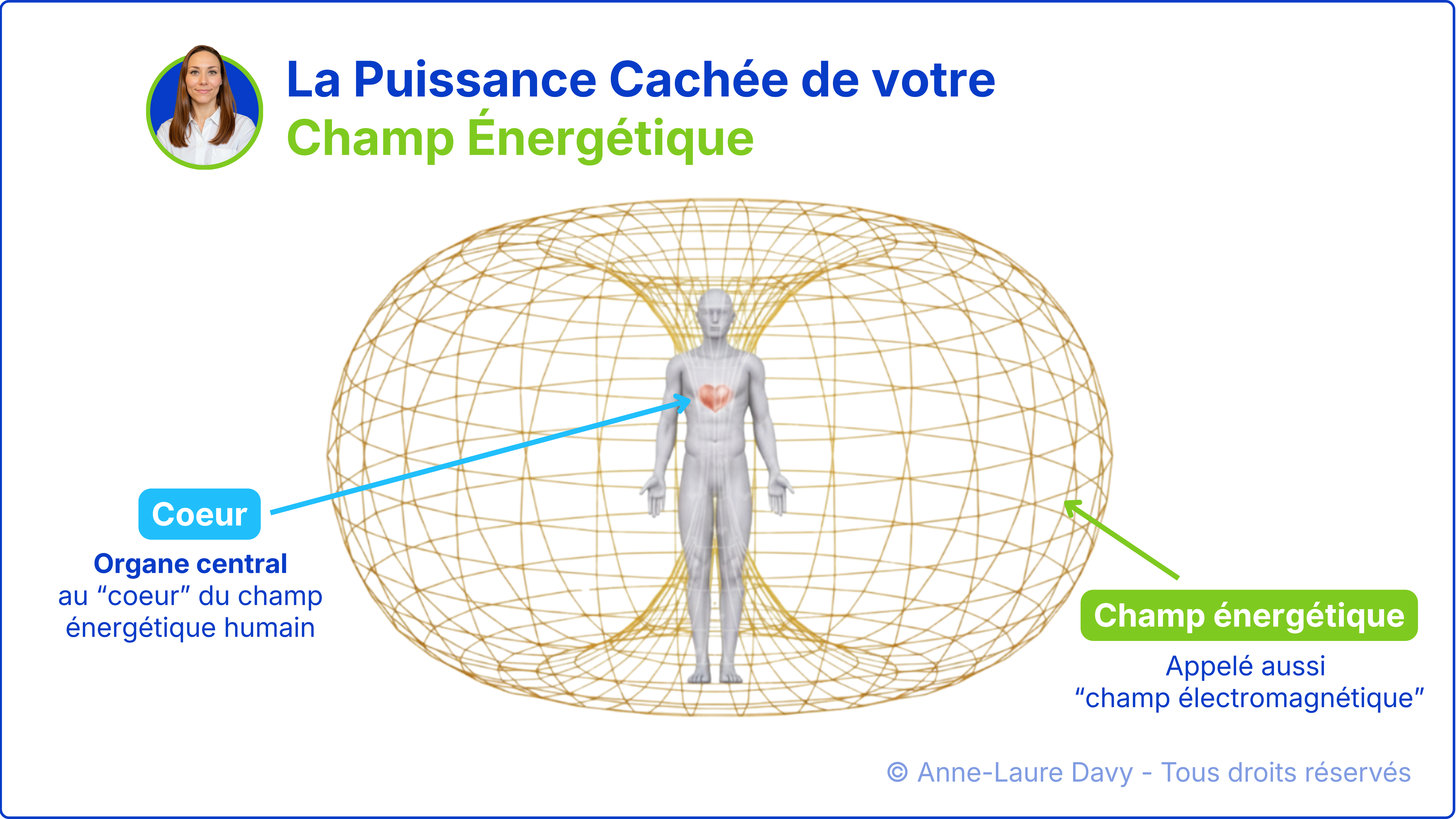 Champ électromagnétique du cœur représenté par une structure toroïdale et un maillage énergétique doré
