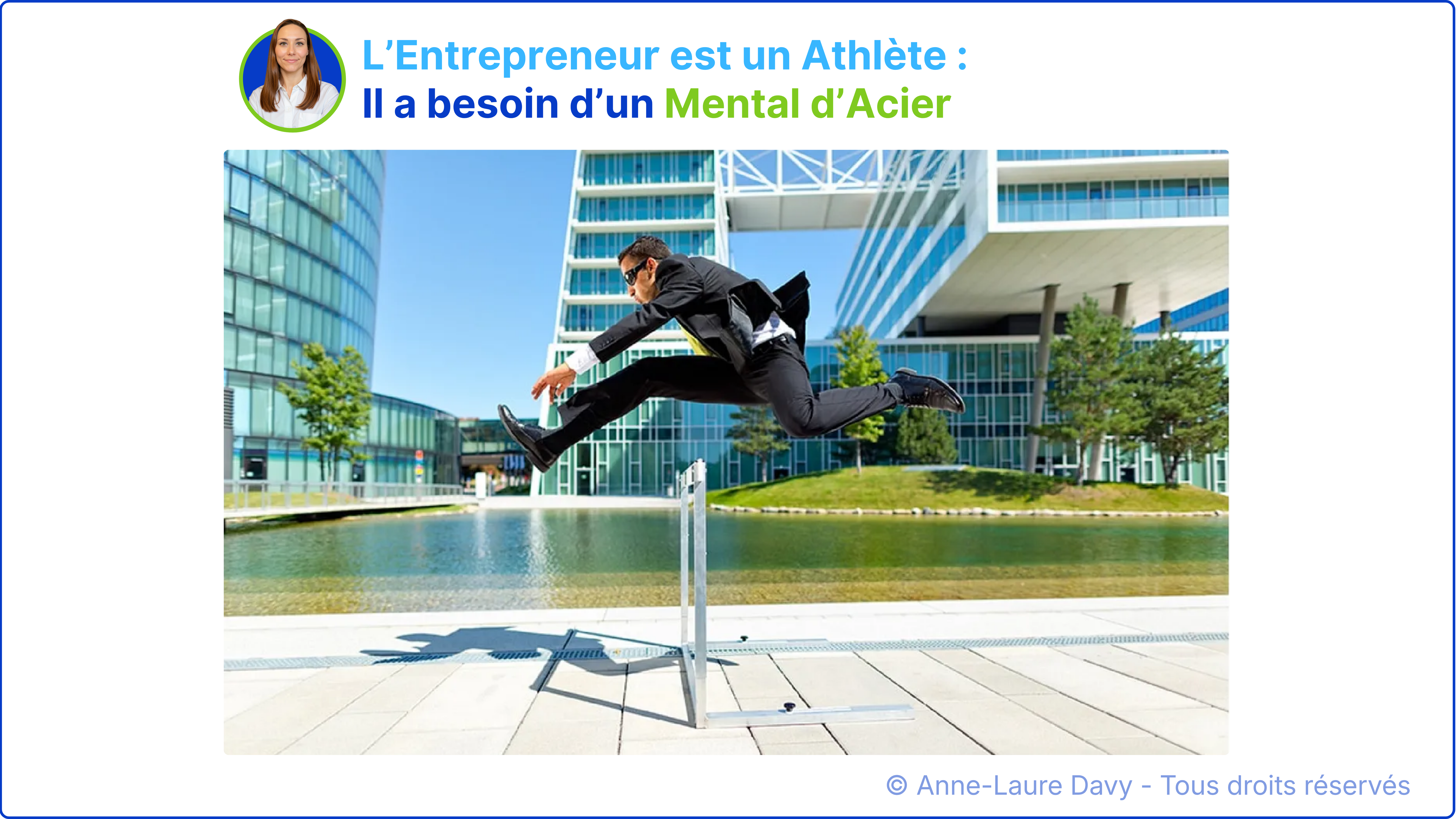 Un entrepreneur qui saute par-dessus une haie d'athlétisme devant des gratte-ciels illustrant le mental d'acier d'un athlète