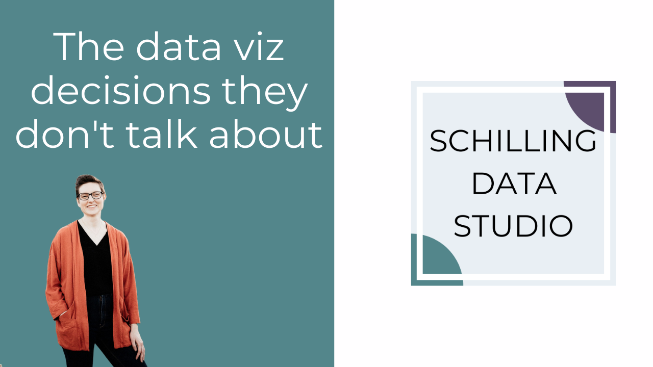 A banner image with the text the data viz design decisions they don't talk about and a woman with short brown hair and glasses standing, facing the camera, and smiling.